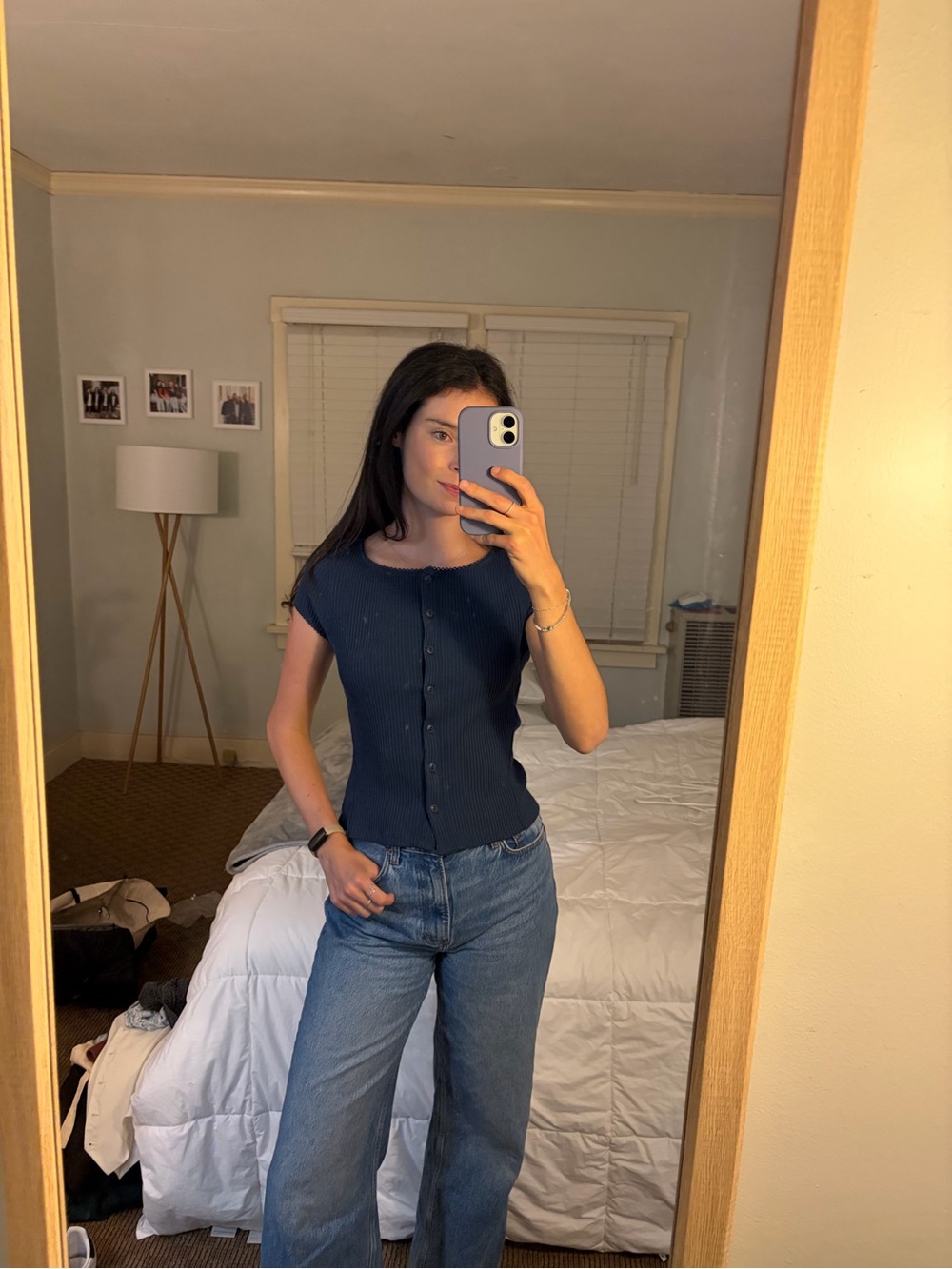 Free People Navy Ribbed Short-Sleeve Button Front Top